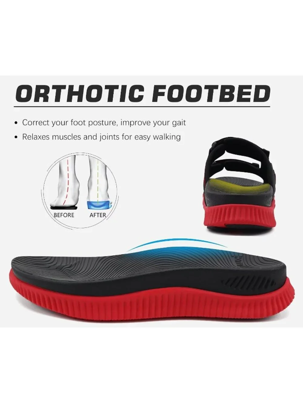 Men Black Red Athletic Thick Cushion Recovery Sport Slides Orthotic Sandal Shoes